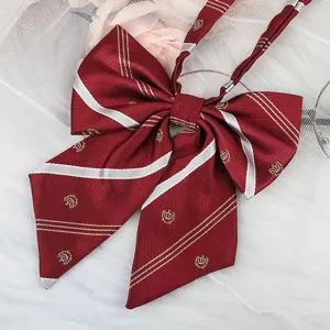 JK uniform red bow ribbon tie with white stripes and crown embroidery for cute sailor shirts.