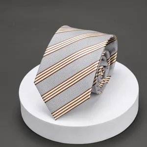 Detail view of a classic blue striped men's necktie with brown pattern, perfect for business work.