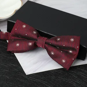 Burgundy double layer bow tie detail, exquisite white floral pattern, ideal for formal wear.