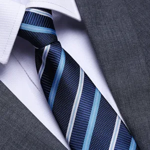 Detailed close-up view of men's classic striped business tie showcasing fine texture.