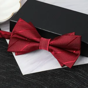 Burgundy double layer bow tie detail, classic twill fabric for formal wedding suits.