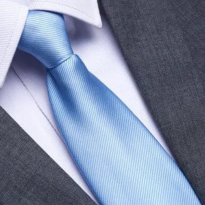 Classic men's light blue business tie paired with crisp white shirt and stylish grey suit.