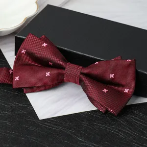 Burgundy double layer bow tie with pink pattern for men formal wedding suit wear detail shot