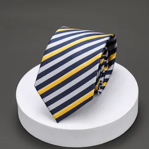 Close-up detail view of the blue yellow and silver striped men's business necktie texture.