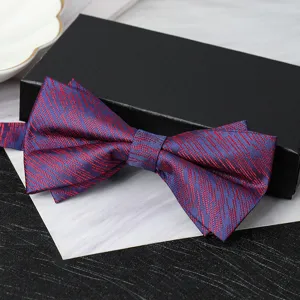 Detail shot of a stylish blue and red textured double layer men's formal bow tie on a box.