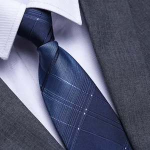 Close-up detail of the men's classic blue plaid tie, perfect for formal business and wedding wear.