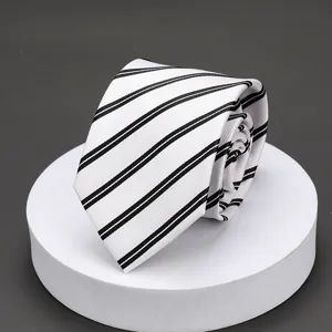 Men's white and black striped tie for business formal wear, professional office and wedding.
