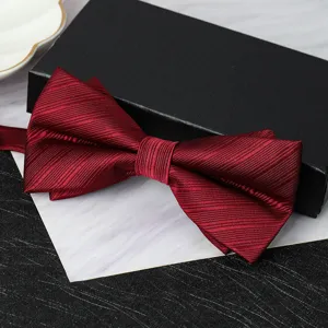 Burgundy double layer bow tie detail, formal suit accessory for weddings and events.