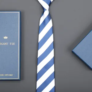 Blue striped zipper necktie with gift box for men business formal wear wedding events.