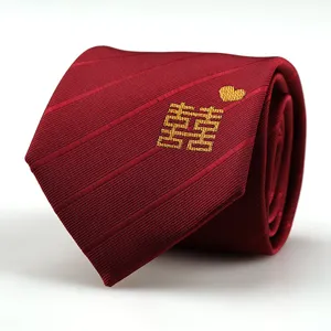 Red men wedding necktie with gold embroidery double happiness and heart pattern suit wear