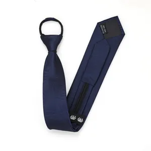 Dark blue zipper necktie for men and women, handmade polyester narrow formal tie for business.