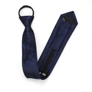 Dark blue paisley zipper necktie for men, slim 6cm wedding business suit necktie.
