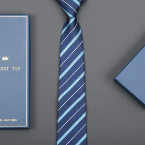 Blue striped tie for men with gift box, classic business formal necktie for wedding.
