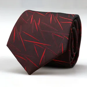 Detailed shot of a stylish men's business red geometric patterned necktie for formal wear.