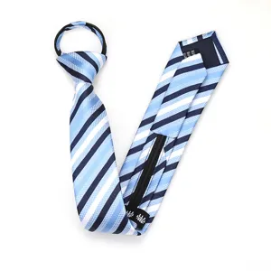 Detail view of blue striped pre-tied zipper necktie for formal business wear and daily office outfits