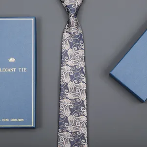 Blue paisley necktie for men business formal wear with elegant gift box packaging.