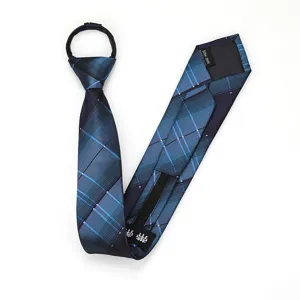 Blue plaid zipper tie detail showing handmade polyester material and adjustable neck loop design.