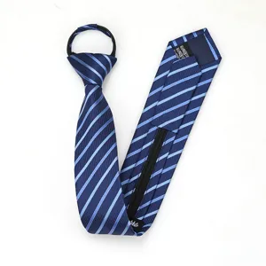 Close-up detail of blue striped zipper tie showing interior zipper structure and fabric tag.