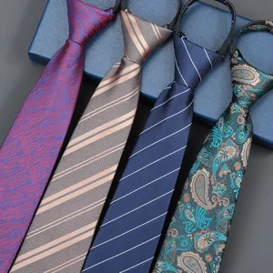 Zipper necktie set with striped and paisley patterns for business formal and wedding events.