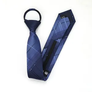 Blue plaid pre-tied zipper tie for men and women, slim 6cm width for business and weddings.
