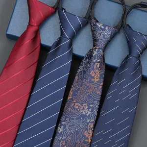 Men business zipper tie set, red and blue striped or patterned formal necktie for wedding.