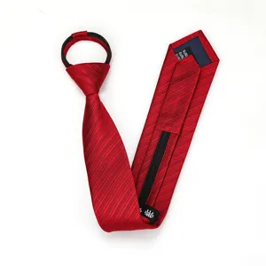 Detail view of red striped zipper tie showing textured fabric and convenient lazy design.
