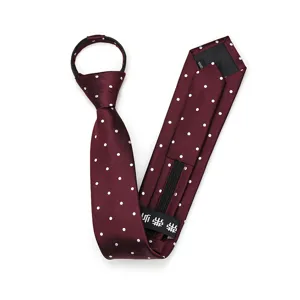 Burgundy polka dot zipper tie for men, easy wear pre-tied narrow necktie for formal business work.