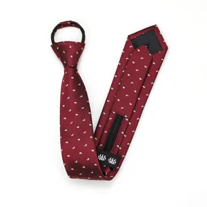 Men's maroon zipper tie with paisley pattern, lazy convenient formal necktie detail.