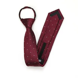 Burgundy red polka dot zipper necktie with herringbone texture for men formal business wear.