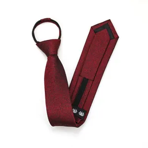 Burgundy pre-tied zipper tie detail, textured fabric, adjustable neck loop for easy wear.