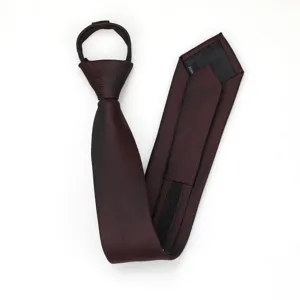 Burgundy zipper tie detail view, easy-to-wear lazy necktie for men and formal business wear.