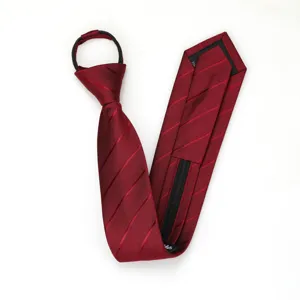 Burgundy striped pre-tied zipper necktie detail, elegant narrow design for formal wear.