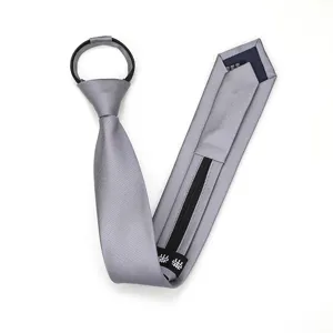 Grey zipper necktie for men and women, pre-tied lazy narrow tie for business and formal wear.