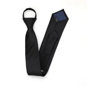 Detailed view of black zipper necktie, narrow style formal work wedding tie for men.