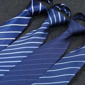 Close-up detail of blue striped zipper ties for men, neat fabric texture design.