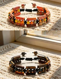 Detailansicht des geflochtenen Herrenperlenarmbands mit mehrreihigen zylindrischen Steinen.