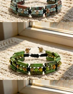Nahaufnahme Details des dreireihigen Stein Zylinder Perlen geflochtenen Armbands.