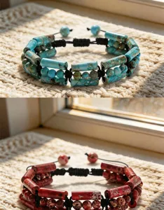 Detailansicht mehrlagig geflochtener Steinperlen Armbänder mit verstellbarem Verschluss.