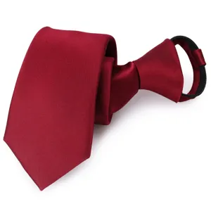 Close-up detail view of the smooth wine red zipper necktie fabric, professional look.
