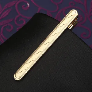 Gold metal tie clip for men with elegant arc embossed pattern, perfect for business formal.