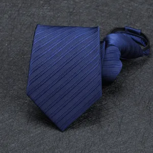 Men's dark blue striped zipper necktie ideal for business formal wear and daily office use.