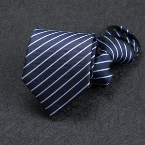 Classic navy blue striped zipper tie detail, elegant business neckwear close-up view