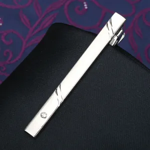 Silver tie clip for men business suit formal wear metallic elegant crystal accessory detail view