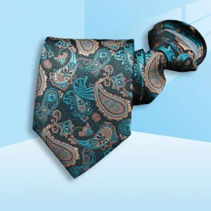 Detailed view of business pre-tied zipper necktie with intricate blue paisley jacquard pattern.
