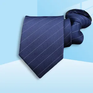 Blue striped necktie detail, classic business formal wear accessory closeup view showing texture.