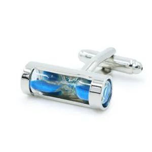 Gemelli da polso in metallo argentato con un design a minihourglass blu per camicie da uomo