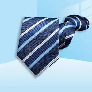 Close-up of navy blue striped zipper necktie detail for professional business wear.