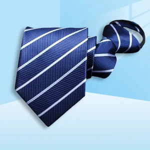 Blue striped zipper necktie for business wear, easy to wear professional detail shot.