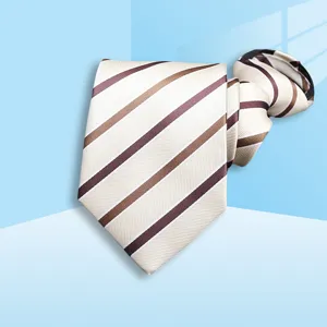 Close-up detail of the stylish striped zipper necktie showing fabric texture and pattern.