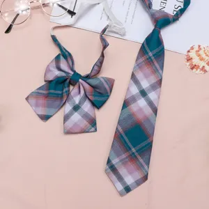 JK uniform plaid necktie and bow set detail showing multi-color fabric pattern design.